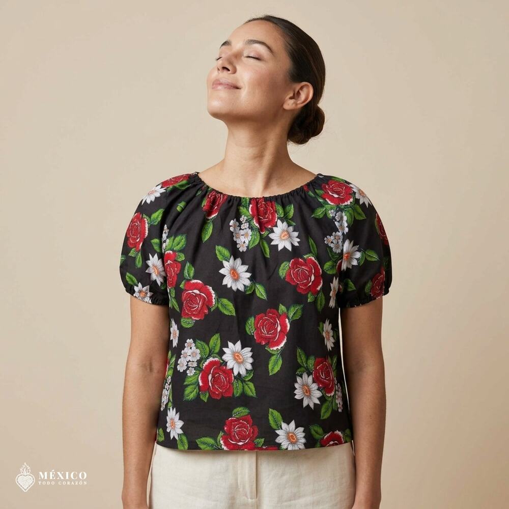 Traditional Mexican Floral Blouse – Lightweight Polyester Folk Style Top